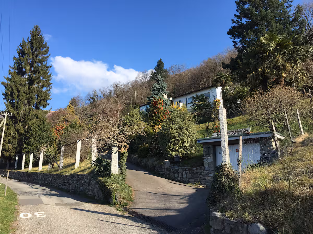 Route en montée bordée de murets en pierre menant à la villa Il Bell'Ovile
