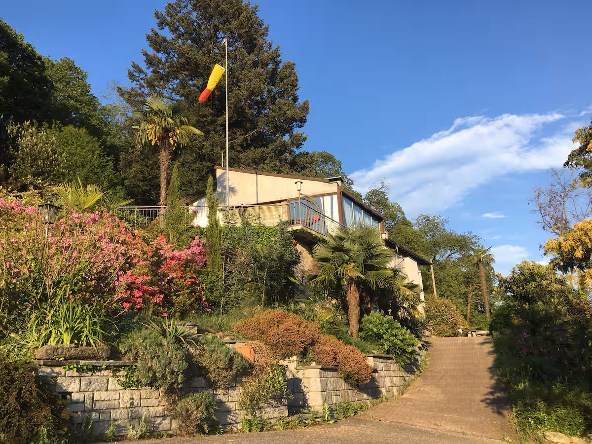Façade de la villa Il Bell'Ovile avec rosiers, palmiers et muret en pierre