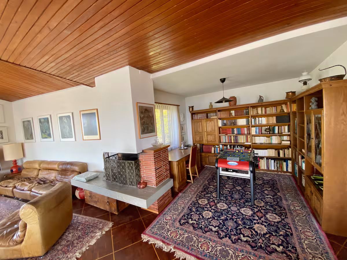 Salon avec cheminée et bibliothèque de la villa Il Bell'Ovile à Novaggio